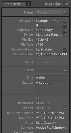 Metadata Panels EXIF and IPTC (Extended) tagset