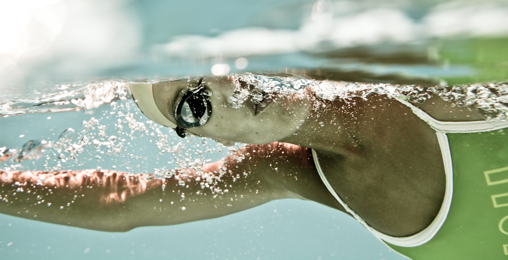 Underwater view of a swimmer doing the front crawl.  Commercial advertising style image.